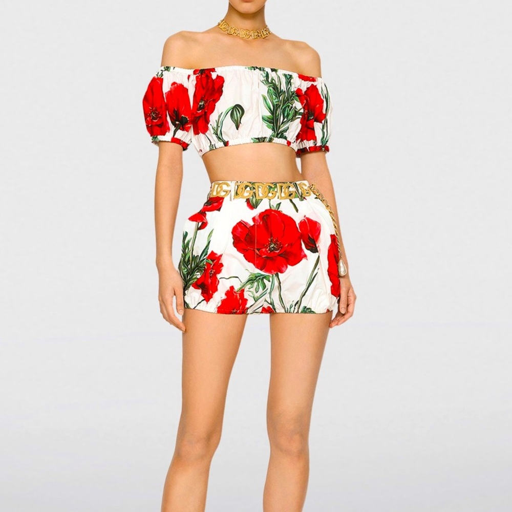 Dolce & Gabbana Cotton Poplin Crop Top with Poppy Print (part of set)